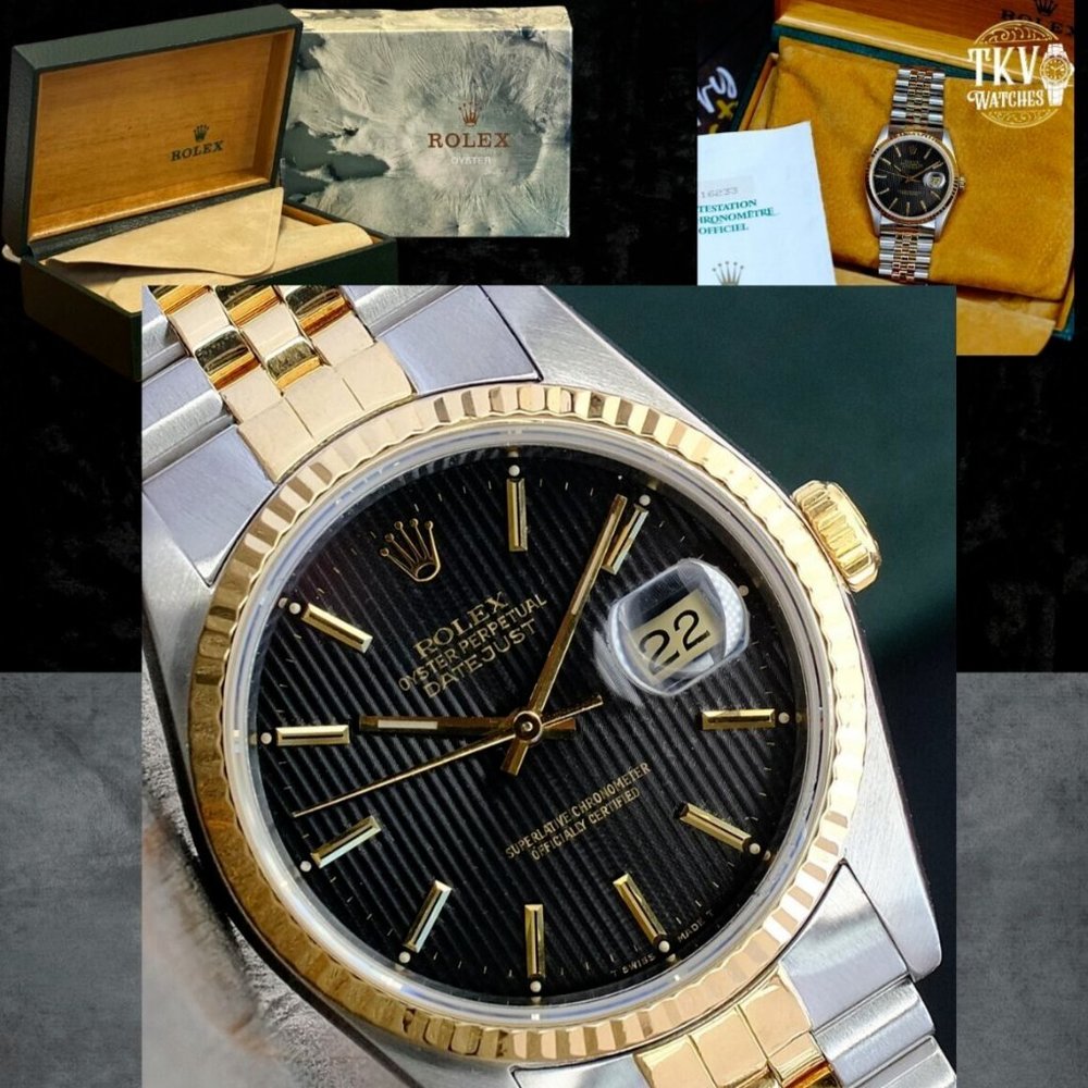 ROLEX MENS DATEJUST 16233 GOLD &STEEL BLACK DIAL FLUTED 36MM WATCH BOX & PAPERS